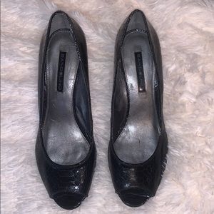 Black snake skin textured open toe heels